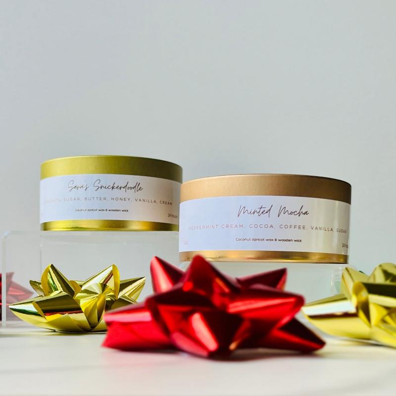 Sweet scented Sara’s Snickerdoodle candle with cinnamon sugar cookie fragrance and Minted Mocha candle with mint and mocha blend
