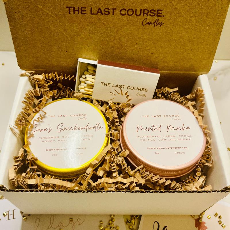 Sweet scented candle gift set in the dessert or coffee scents of your choice, matchbox, and greeting card