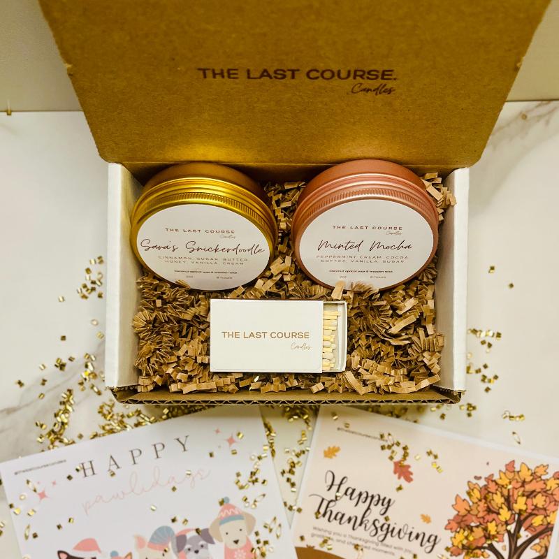 Sweet scented candle gift set in the dessert or coffee scents of your choice, matchbox, and greeting card