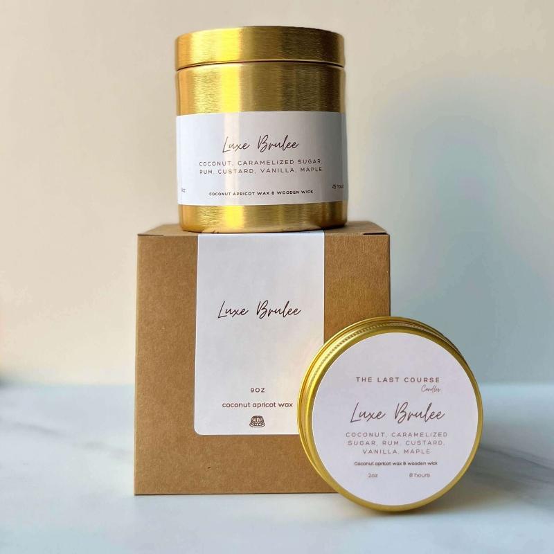 Luxe Brûlée Candle by The Last Course Candles – Rich and creamy crème brûlée-scented coconut wax candle with a wood wick