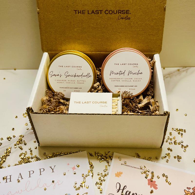 Sweet scented candle gift set with Sara’s Snickerdoodle and Minted Mocha, matchbox, and greeting card