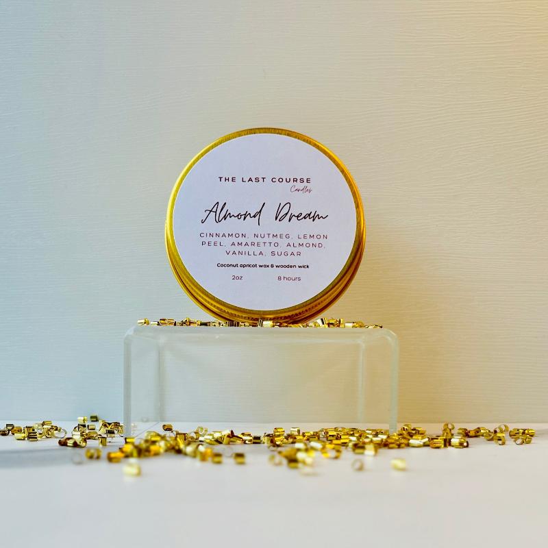 Almond Dream Coconut Wax Candle. 2oz travel tin candle