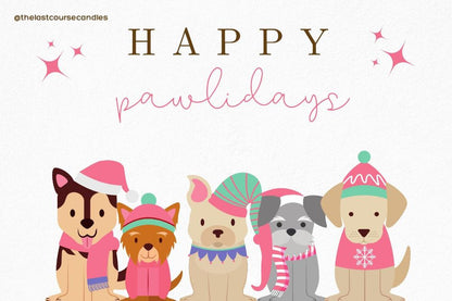 Happy Pawlidays greeting card featuring dogs wearing winter hats