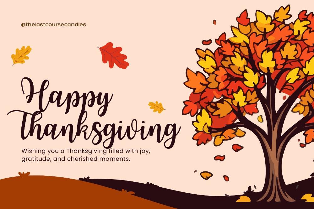 Thanksgiving card featuring a tree with autumn leaves.