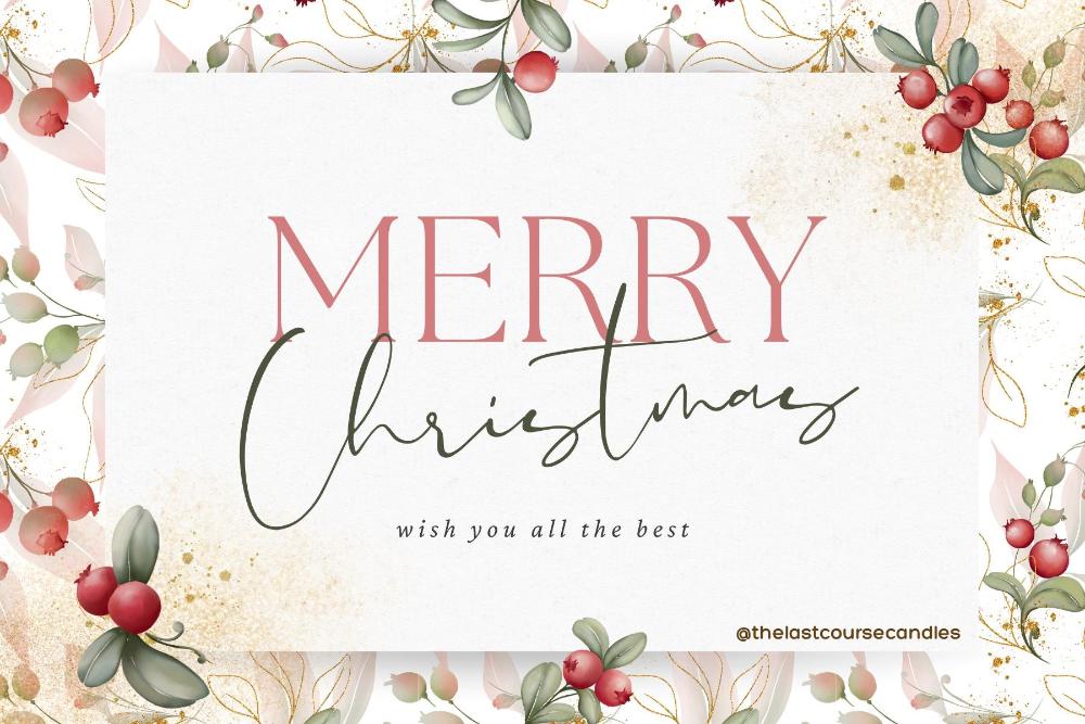 Merry Christmas greeting card with festive leaves and berry accents