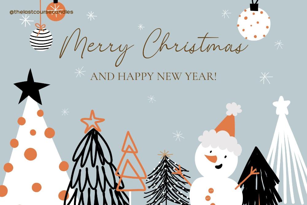 Christmas card featuring a cheerful snowman and snowy trees